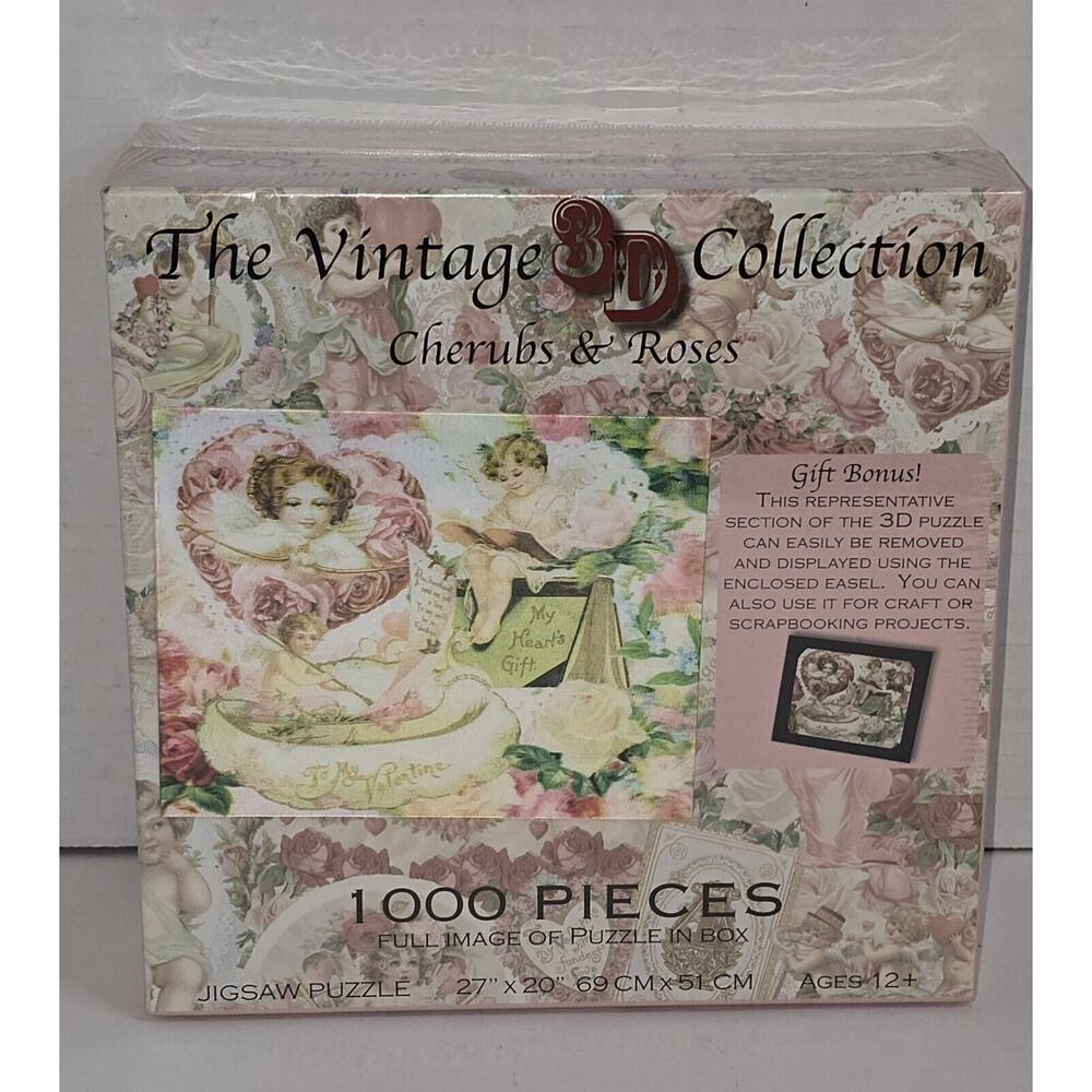 NEW The Vintage Collection 3D Cherubs & Roses Hearts Love Pink 1000 Piece Puzzle